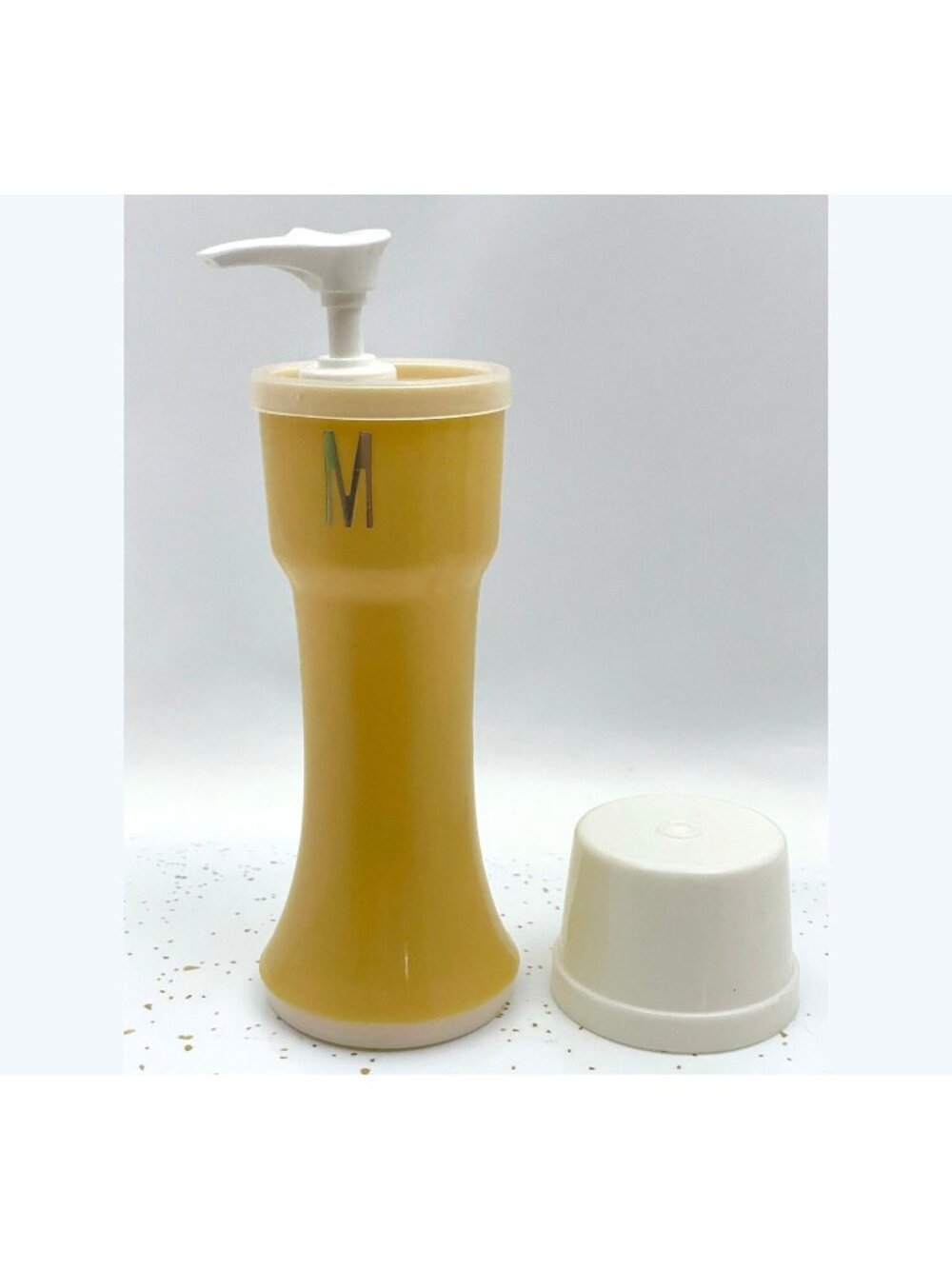 Vintage 70s Crownware Mustard plastic pump dispenser, gold M, yellow color
